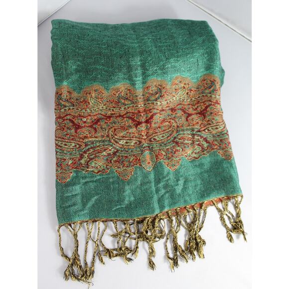 Sakkas Pashmina 72" x 28" reversable aqua/green orange fringe boho - Picture 2 of 9